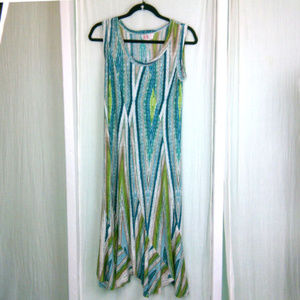 🍩 green stretch print princess seam midi dress